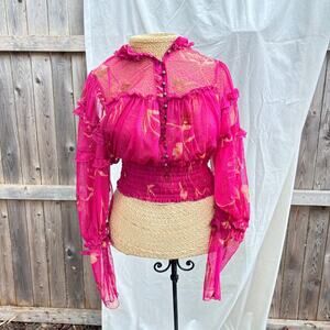 Free People Pink Sheer Ruffle Top M Floral Boho Romantic Cottagecore